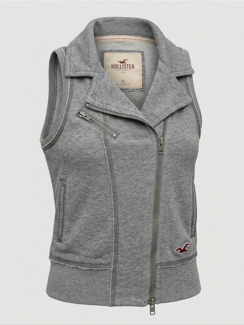 Hollister Gray Y2k Sleeveless Zip-up Cotton Moto-style Cropped Vest Pockets XS